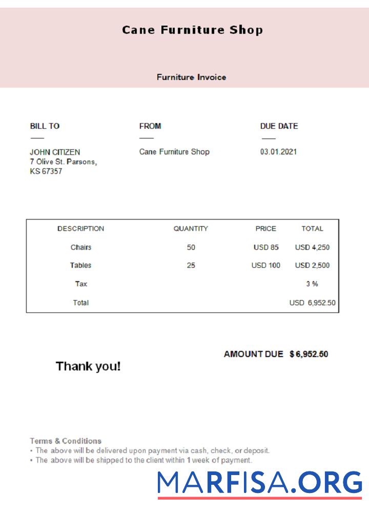 Printable USA Cane Furniture Shop invoice template
